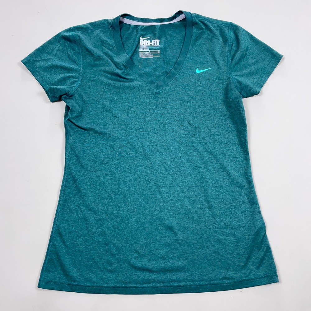 Nike Dri-FIT Womens Teal Heathered V-Neck Short Sleeve Athletic Workout Shirt S